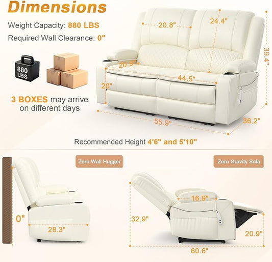 Loveseat Recliner Sofa, Power Reclining Loveseat Sofa RV Couch with Removable Armrest and Remote Control, Wall Hugger Home Theater Seating with 2-Tier Cushions, Storage & USB Ports, White