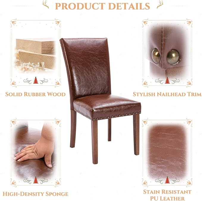 COLAMY Parsons Dining Chairs Set of 2, Upholstered Nailhead PU Leather Dining Room Kitchen Side Chair with Thick Cushions and Wood Legs, Light Brown