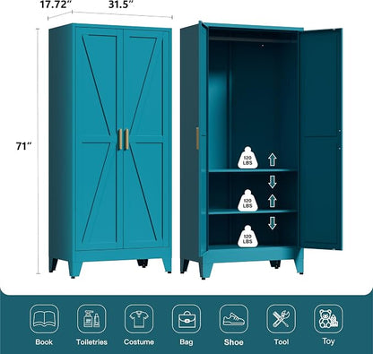 LCAOPC 71" Tall Metal Wardrobe Closet with Adjustable Shelves and Hanging Rod, 2 Doors Free Standing Armoire Wardrobe Cabinet for Bedroom, Office, Laundry Room, Blue