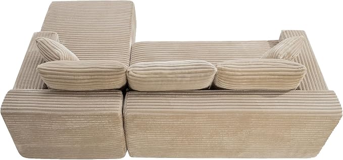 105-Inch L-Shaped Right Facing Corner Compressed Sofa Modular Sectional Boneless Cloud Sofa Floor Foam Couch with Chaise Lounge, Corduroy Corner Boneless Cloud Couch