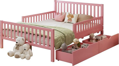 Bellemave Girls Full Bed Frame with Fences and 2 Drawers, Kids Full Platform Bed with Guardrails on Both Sides, Pink