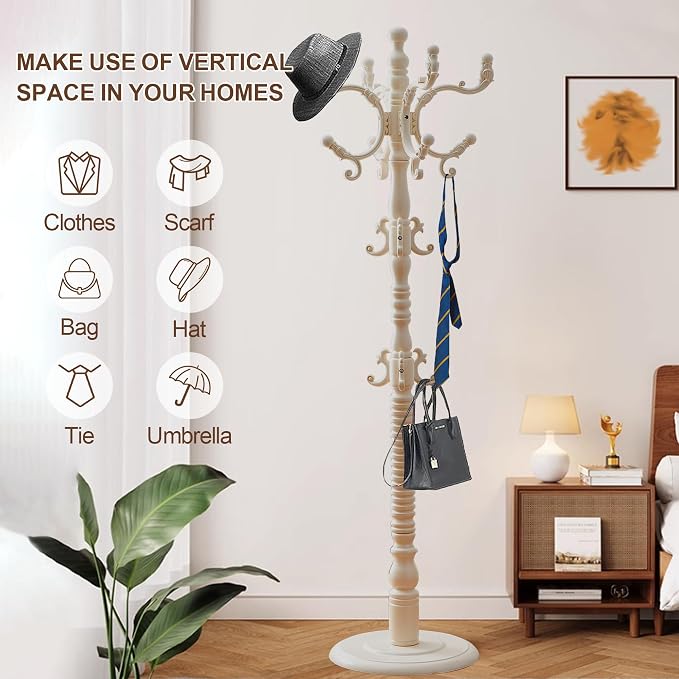 Wooden Coat Rack Freestanding with 18 Hooks, Adjustable Height Coat Tree Free Standing Heavy Duty for Entryway, Easy Assembly Solid Wood Sturdy Coat Hats Hanger Stand for Office Hallway Bedroom,White