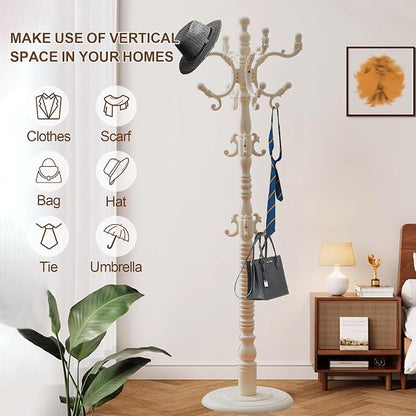 Wooden Coat Rack Freestanding with 18 Hooks, Adjustable Height Coat Tree Free Standing Heavy Duty for Entryway, Easy Assembly Solid Wood Sturdy Coat Hats Hanger Stand for Office Hallway Bedroom,White