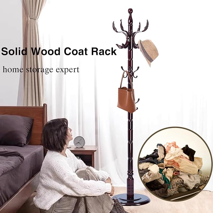 Wooden Coat Rack Freestanding, Hall Tree Hanger With Resin Hooks, Adjustable Heavy Duty Coat Rack for Hanging Clothes Bags Hats in Living Room Bedroom (coat rack, Round Base-Phoenix hook)