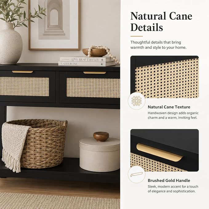 Entryway Table with 3 Drawers, Boho Rattan Console Table with Storage Shelf | Narrow Sofa Table Behind Couch for Hallway, Foyer & Living Room, 47" Wood Accent Table, Easy Assembly, Anti-Tip, Modern Black