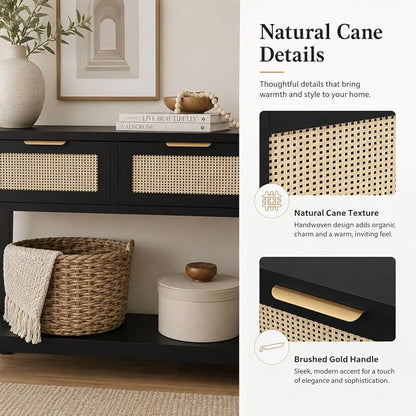 Entryway Table with 3 Drawers, Boho Rattan Console Table with Storage Shelf | Narrow Sofa Table Behind Couch for Hallway, Foyer & Living Room, 47" Wood Accent Table, Easy Assembly, Anti-Tip, Modern Black