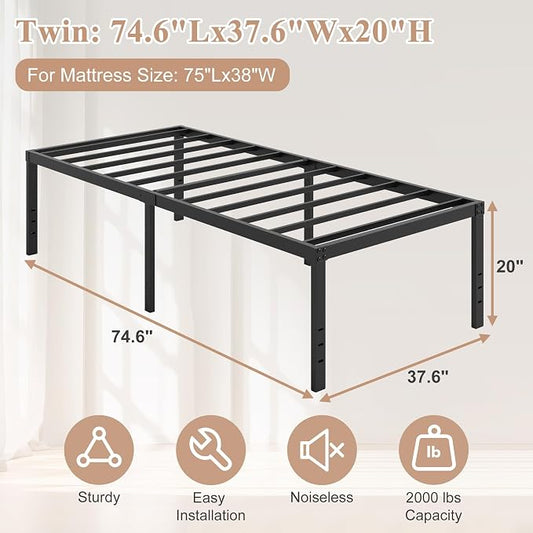 HOBINCHE 20 Inch Twin Size Bed Frame, No Box Spring Needed, Heavy Duty Black Metal Platform Mattress Foundation with Steel Slats, Non-Slip Noise Free Easy Assembly, Large Storage