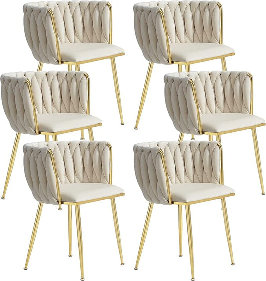 Velvet Dining Chairs Set of 6, Modern Upholstered Dining Room Chairs with Golden Metal Legs and Woven Backrest for Dining Room, Kitchen, Vanity, Living Room (Beige)