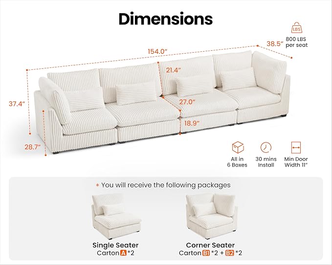 154" Oversized Corduroy Couch Modular Sectional Sofa, Washable Cloud Couch Sectional, 4 Seater Sectional Couches for Living Room, Fully Cover Removable, Basic 4 Seater, Corduroy, White