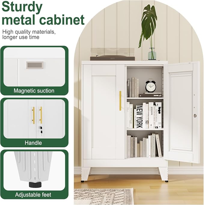 White Metal Storage Cabinet, 36" Tall Locking Storage Cabinet with 2 Adjustable Shelves, Steel Locker Organizer, for Office, Home, School, 11.81" D x 23.62" W x 35.83" H
