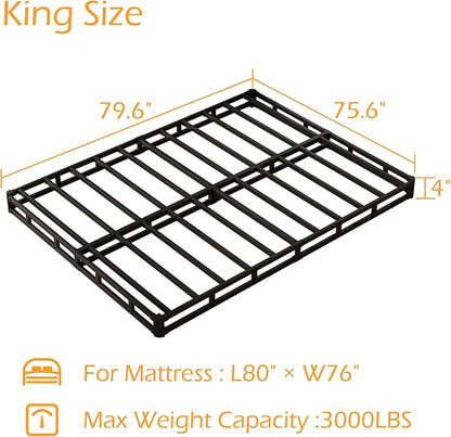 Maenizi King Size Box Spring 4 Inch Low Profile, Heavy Duty Metal Box Spring Bed Base with Fabric Cover, Mattress Foundation, Easy Assembly, Noise Free, Black