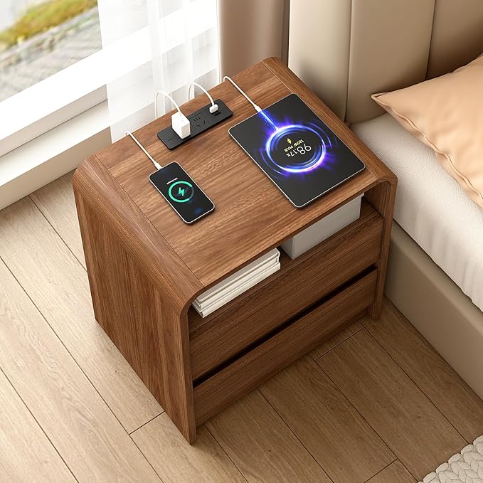 23.6" Walnut Nightstand Set of 2 with Charging Station, Anti-Collision Mid Century Modern Bedside Table with 500 LB Capacity, Soft Close Drawers Night Stand with Hidden Storage for Bedroom