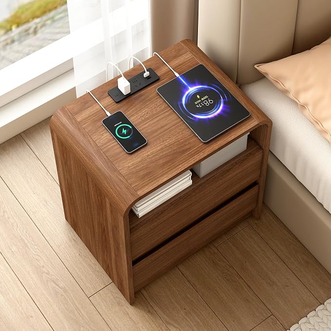 23.6" Walnut Nightstand with Charging Station, Anti-Collision Mid Century Modern Bedside Table with 500 LB Capacity, Soft Close Drawers Night Stand with Hidden Storage & Pre-Embedded Parts for Bedroom