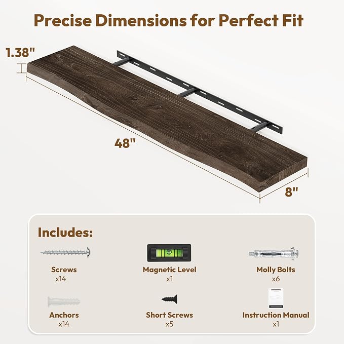 Vivelove Live Edge 48 Inches Floating Shelves for Wall, Elm Wood, Rustic Farmhouse Wall Shelf with Invisible Bracket for Living Room Bedroom Bathroom Office Book - Set of 1 - Dark Walnut