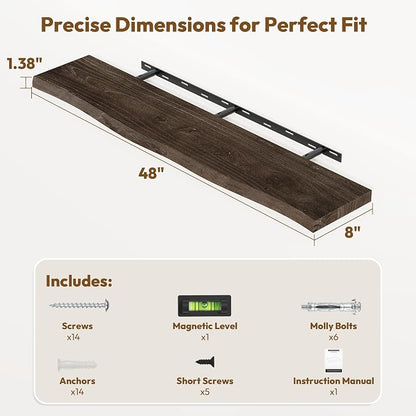 Vivelove Live Edge 48 Inches Floating Shelves for Wall, Elm Wood, Rustic Farmhouse Wall Shelf with Invisible Bracket for Living Room Bedroom Bathroom Office Book - Set of 1 - Dark Walnut
