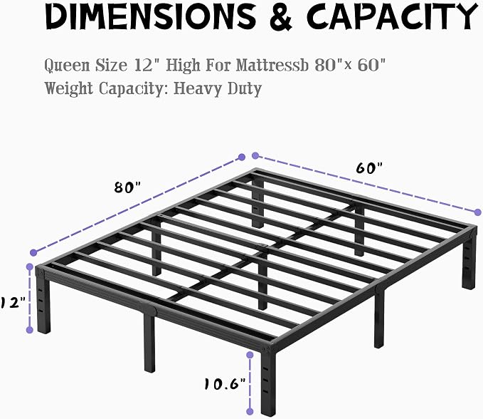 Furnitui 12 Inch High Metal Queen Bed Frame, Platform Bed Frame Queen Size No Box Spring Needed, Easy Assembly, Noise Free, Sturdy, Black