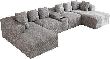 143" Oversized U Shaped Cloud Sectional Couches for Living Room, Comfy Fluffy Corduroy Grey Boneless Couch, Large Modular Sectional Sofa Set with Chaise, Cup Holder, USB Port, Storage Console