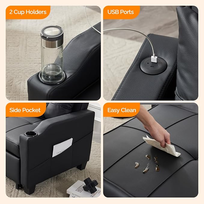 VINGLI Sleeper Chair 3-in-1 Convertible Sofa Bed Adjustable Recliner Sofa Modern Pull Out Couch Bed with 2 USB Ports 2 Cup Holders 2 Side Pockets for Living Room Bedroom Small Spaces, Black