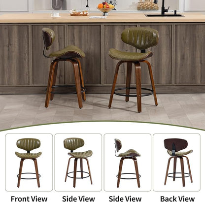 Modern Bar Stools Set of 2, 24 inch PU Leather Wooden Bentwood Barstools Counter Height Swivel Breakfast Bar Chairs with Backrest Footrest for Kitchen Island, Dining Room D035-Olive Green-2