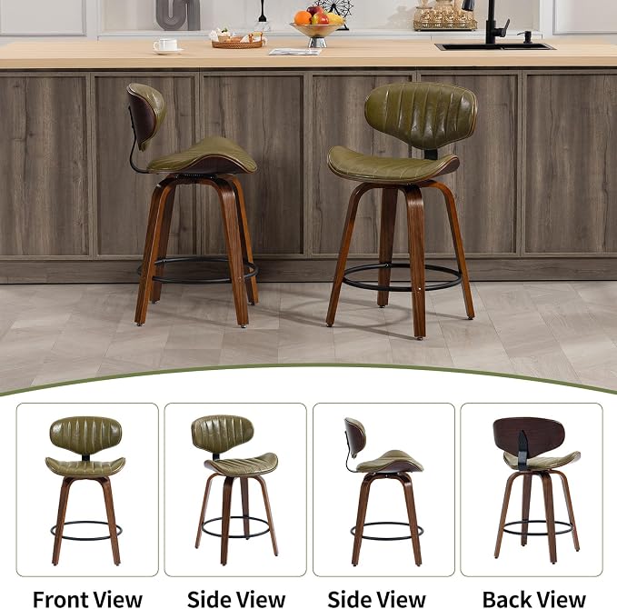 Modern Bar Stools, 24 inch PU Leather Wooden Bentwood Swivel Barstools Counter Height Breakfast Bar Chairs with Backrest and Footrest for Kitchen Island, Dining Room, Bar D035-Olive Green-1