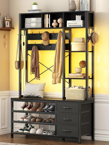 39.4'' Hall Tree with Bench and Shoe Storage, Entryway Bench with Coat Rack, 25-in-1 Tall Hall Tree with Led Lights (Black)