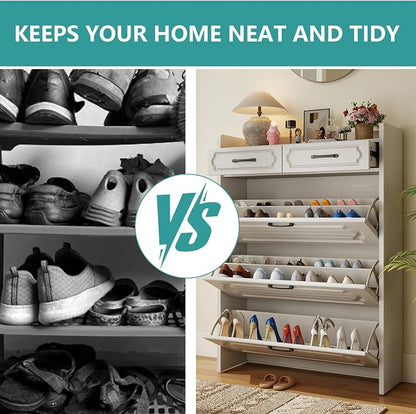 Shoe Cabinet Storage for Entryway with 3 Large Flip Drawers & 2 Storage Drawers, Narrow Shoe Organizer Cabinet Fits for Kinds of Shoes, Slim Shoe Storage Cabinet for Entryway, Hallway, White