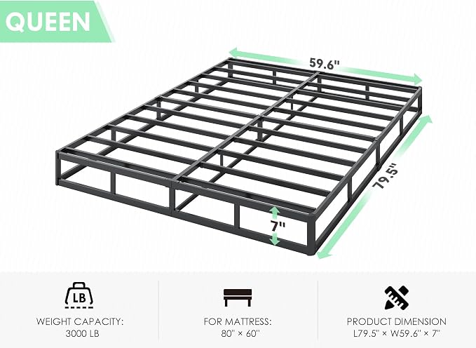 QEROMY 7 Inch Low Profile Box Spring, Sturdy Metal Frame Mattress Foundation, Easy Assembly, Quiet & Noise-Free, Queen Size