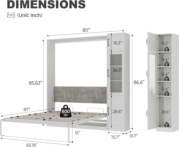 Bobve Farmhouse Murphy Bed Queen, 85" Wall Bed Folds to Save Space,Concealed Bed Frame with 1 Glass Storage Cabinet and Wall Mounted Features for Apartment/Office/Guest Room