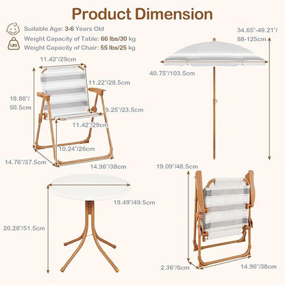 Olakids Kids Picnic Table, Outdoor Toddler Patio Furniture Set with 2 Folding Chairs Adjustable Foldable Umbrella for Garden Backyard Beach (Khaki)