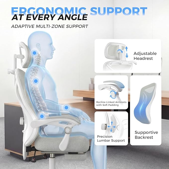 CYKOV Ergonomic Office Chair with Footrest - Adjustable Lumbar Support & Headrest, 90-135° Reclining Mesh Back Computer Chair - Home Office/Gaming, 350lbs Capacity