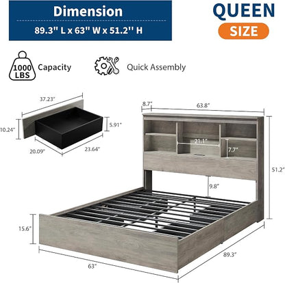 GarveeHome Queen Size Bed Frame with High Storage Bookcase Headboard, Wood Bed Frame with 4 Storage Drawers, Built in Charging Station, No Box Spring Needed, Metal Frame, Noise-Free, Grey