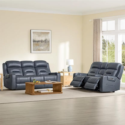 Watson & Whitely Genuine Leather Power Reclining Sofa, 3-Seater Lay Flat Recliner Sofa with Power Headrest, Cup Holders, USB & Type-C Ports, Electric Reclining Couch for Living Room, Navy Blue