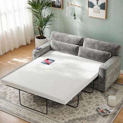 Marsail 63" Pull Out Sofa Bed, Full Size Sleeper Sofa with Memory Foam Mattress, 2 USB Charging Ports & Removable Covers, Chenille Loveseat Couch for Living Room, Apartment, Light Grey