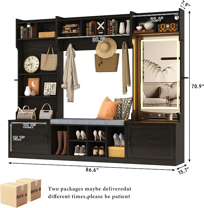 chartustriable 71''H 86.6''W Large LED Farmhouse Hall Tree with Bench and Shoe Storage,Entryway Bench with Coat Rack,12 Shoe Cubbies & Umbrella Holder,Mudroom/Hallway Storages Cabinet(Black)