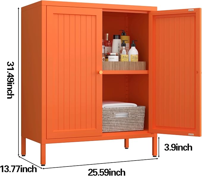 Metal Accent Storage Cabinet for Home,LivingRoom, Office,Kitchen- Metal Locker Cabinet with 1 Adjustable Shelves-Bathroom Floor Storage Cabinet Freestanding Organizer (Stripe Door, Orange)
