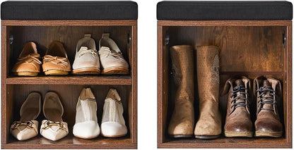 YMYNY Shoe Storage Bench with Cushion, 2 Tier Shoe Rack with Padded Seat, Adjustable Shoe Organizer Cabinet for Entryway, Living Room, Hallway, Closet, 15.4L*11W*16.54H, Rustic Brown, UHBD028H