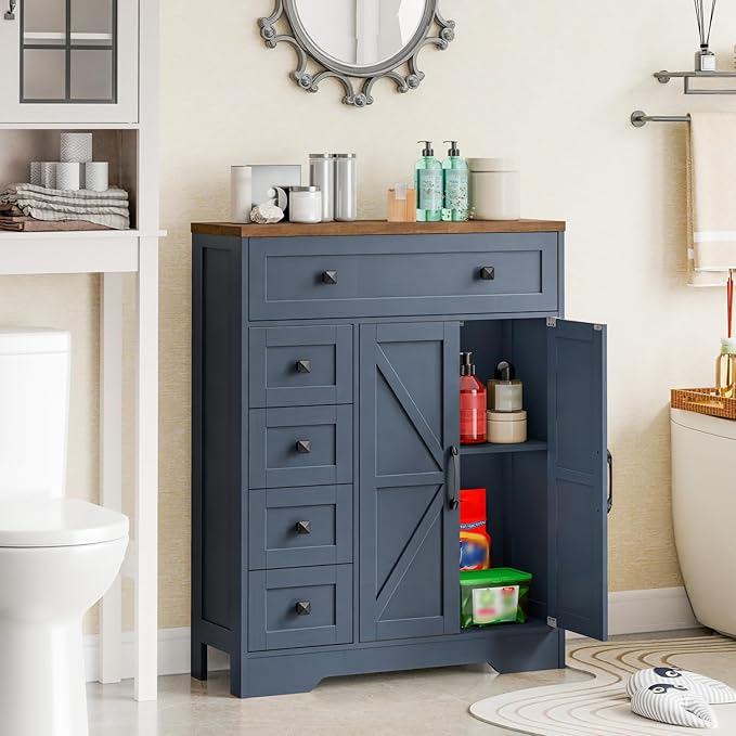 Vabches Farmhouse Storage Cabinet with 2 Doors and 5 Drawers, Freestanding Bathroom Cabinets Kitchen Pantry, Floor Storage Cabinet Hutch Cupboard for Living Room/Bathroom/Kitchen.Blue