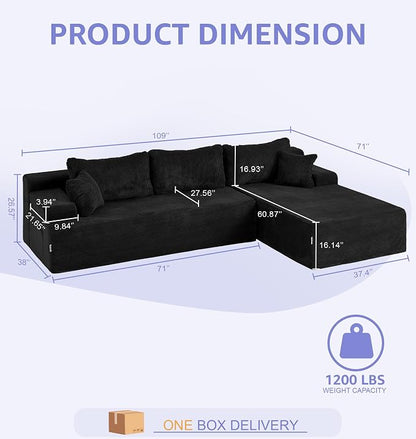 Hobestluk Modular Sectional Sofa Couches L-Shape Couch 3 Seat Modular Sofa Memory Foam Sectional Couches for Living Room, Cloud Couch with Oversized Chaise (Black Corduroy, 108", Right Hand Facing)