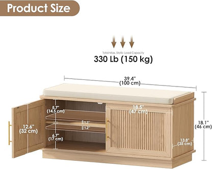 Akxomel Fluted Shoe Storage Bench with Cushion, 39.4" Entryway Bench with Adjustable Shelves and 2 Doors, Shoe Cabinet Bench with Curved Profile, for Hallway, Living Room, Bedroom, Natural Oak