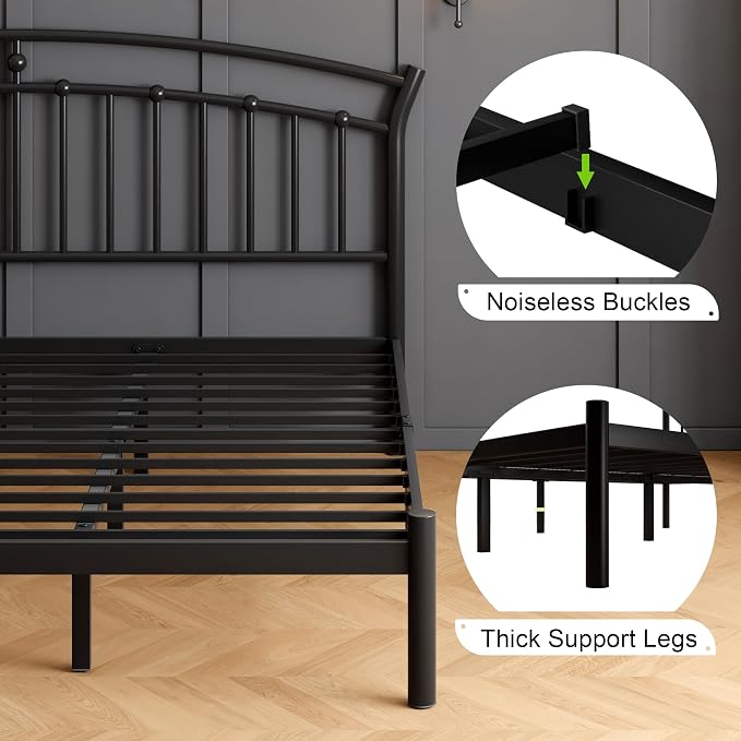 Feonase King Size Bed Frame with Headboard, Heavy-Duty Metal Black Bed Frame with 13 Hardened Steel Slats, 12" Under-Beds Storage, Noise-Free, Easy Assembly