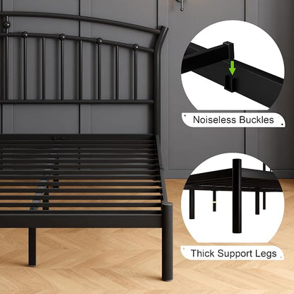 Feonase King Size Bed Frame with Headboard, Heavy-Duty Metal Black Bed Frame with 13 Hardened Steel Slats, 12" Under-Beds Storage, Noise-Free, Easy Assembly