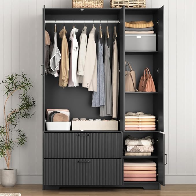 Black Fluted Wardrobe Closet with Mirror and Light, 3-Door Armoire Wardrobe with 2 Drawers, Hanging Rod, Shelves, Freestanding Bedroom Storage Cabinet