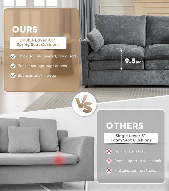 Iroomy Loveseat & 3 Seater, Chenille Cloud Couch, Modern Sofa, Comfy Plush Thick Cushions, Pocket Springs, Cloud-Like Comfort Sofas, Living Room Furniture Sets, Gray