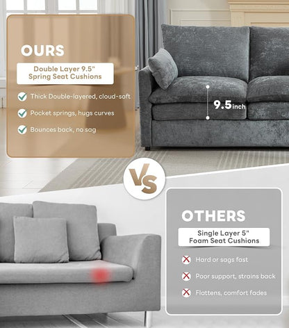 Iroomy Loveseat & 3 Seater, Chenille Cloud Couch, Modern Sofa, Comfy Plush Thick Cushions, Pocket Springs, Cloud-Like Comfort Sofas, Living Room Furniture Sets, Gray