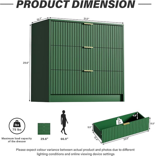 Furniway Green Dresser for Bedroom, Modern Dresser with 3 Drawers and Smooth Slides, Wide Chest of Drawers with Golden Handles for Bedroom, Living Room, Closet, 15.7" D x 31.5" W x 29.6" H