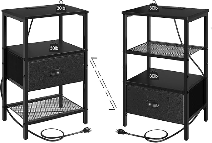 sthmec Nightstands Set of 2, Black Night Stands with Charging Station, Bedside Tables with Drawers PU Finish, 2-Tier Side Table with Open Shelf, Nightstands with Drawer,Black