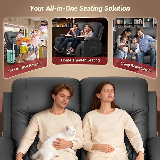 RV Loveseat Recliner Sofa, Reclining Loveseat Wall Hugger Recliners with USB Ports, Cup Holders, Insert Pockets, RV Recliners for Travel Trailers & Living Room, RV Furniture | RV Couch | Black