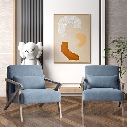 INZOY Mid Century Modern Accent Chair Set of 2 with Wood Frame, Upholstered Armchair with Waist Cushion, Accent Chair for Living Room Bedroom Apartment, Easy Assembly, Blue