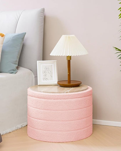 B FSOBEIIALEO Ottoman with Stroage, Round Sherpa Storage Ottoman Stool, Boucle Foot Rest22 x 22"x15.75" (Pink