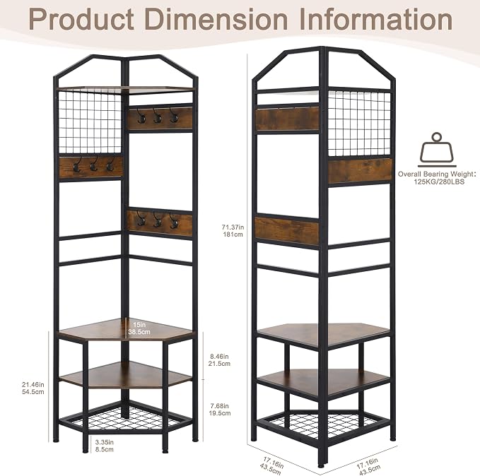 Heavy Duty Corner Hall Tree Organizer, 3-in-1 Industrial Freestanding Coat Storage Rack with Hooks and 4 Wooden Shelves for Entryway, Black